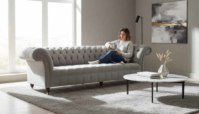 Szary Duża Sofa Couch Chesterfield 265cm Podkładka Sofy 4 miejsce do siedzenia Skóra