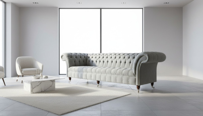 Szary Duża Sofa Couch Chesterfield 265cm Podkładka Sofy 4 miejsce do siedzenia Skóra