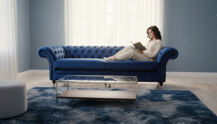 Niebieska xxl Duża Sofa Couch Chesterfield 265cm Podkładka Sofy 4 miejsce do siedzenia