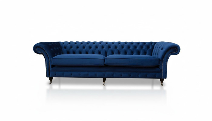 Niebieska xxl Duża Sofa Couch Chesterfield 265cm Podkładka Sofy 4 miejsce do siedzenia