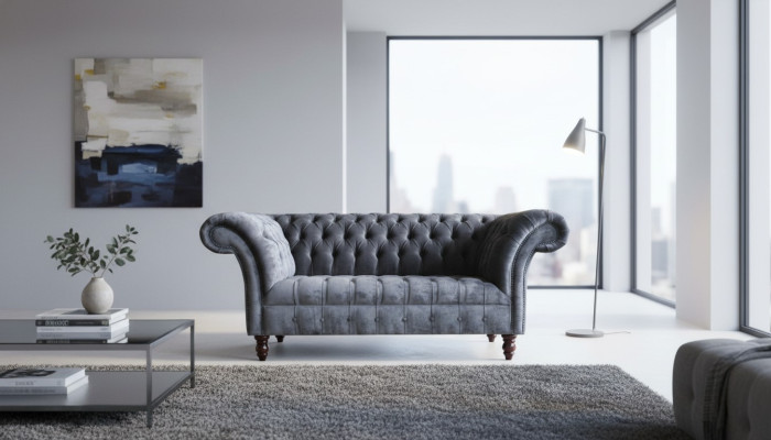 Chesterfield 3 miejsce do siedzenia Salon Kanapa Sofa Podkładka Siedziba Włókienniczy Ustawić Gray