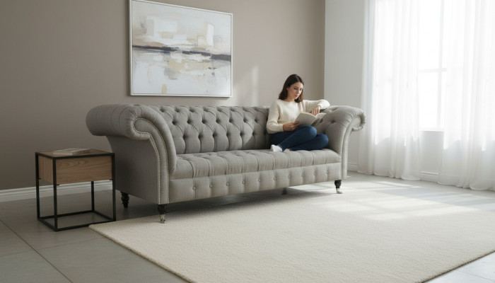 Szary Chesterfield Sofa Kanapa Podkładka Materiał Skóra Couchen Aksamit Ustawić