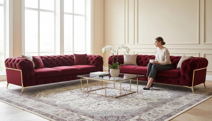 Chesterfield Sofa Aksamit Couch Podkładka Siedziba 3+3 Siedziba Ustawić Design Couches Sofy