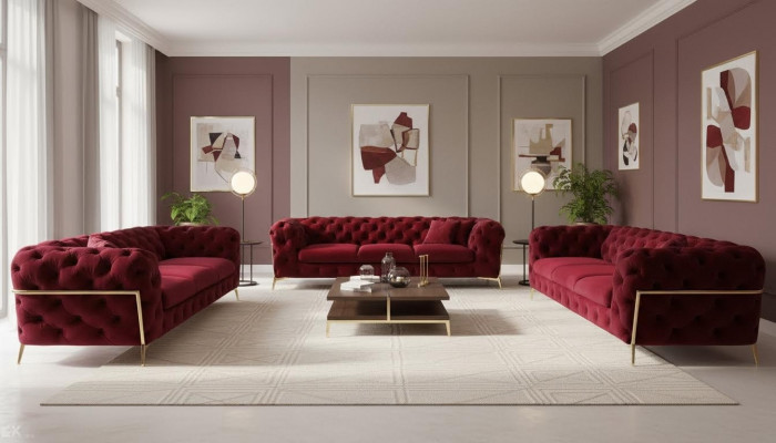 Chesterfield Sofa Aksamit Couch Podkładka Siedziba 3+3 Siedziba Ustawić Design Couches Sofy