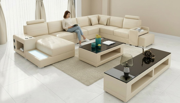 Narożnik Skóra Narożnikowa kanapa Kształt U Sofa Couch Design Podkładka Włókienniczy Modern Włókienniczy Nowość