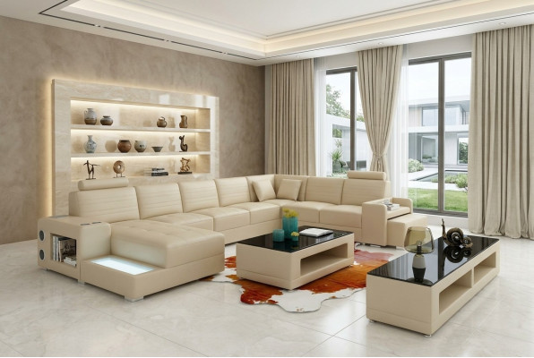 Narożnik Skóra Narożnikowa kanapa Kształt U Sofa Couch Design Podkładka Włókienniczy Modern Włókienniczy Nowość