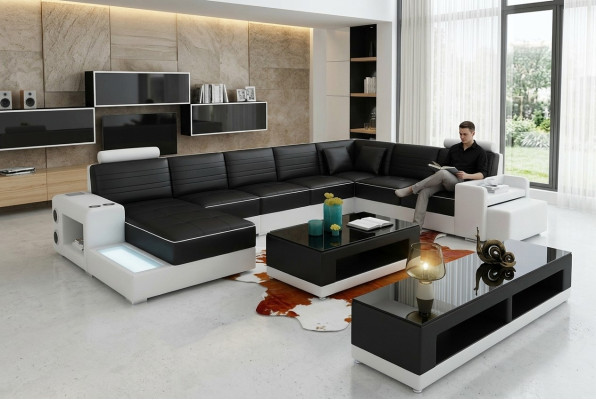 Narożnikowa kanapa Kształt U Kredens stolik kawowy Couch Design Czarny Podkładka Skóra Modern