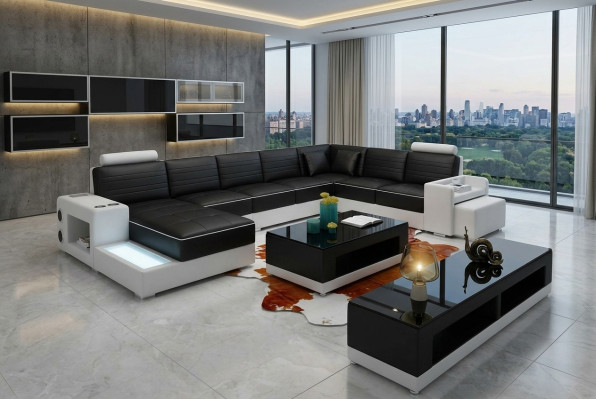 Narożnikowa kanapa Kształt U Kredens stolik kawowy Couch Design Czarny Podkładka Skóra Modern