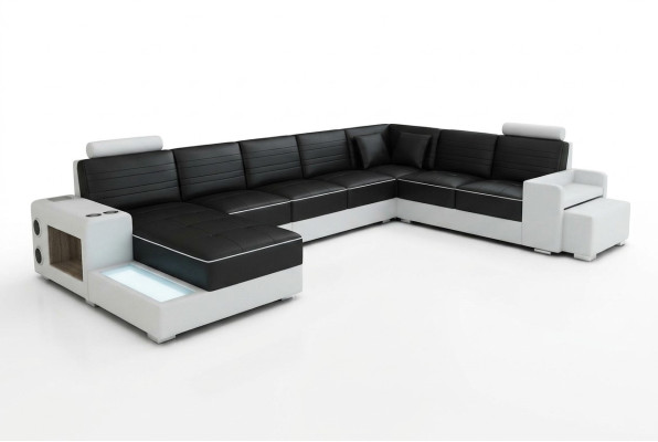 Narożnikowa kanapa Kształt U Kredens stolik kawowy Couch Design Czarny Podkładka Skóra Modern