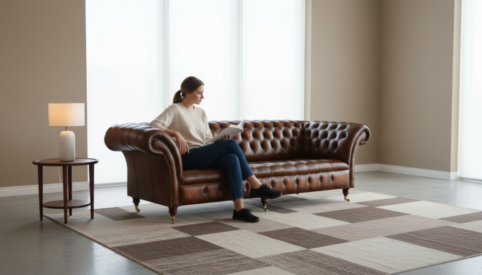 Brown Chesterfield Sofa Couch Podkładka Skóra Couchen Ustawić 4 miejsce do siedzenia