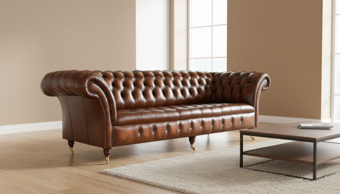 Brown Chesterfield Sofa Couch Podkładka Skóra Couchen Ustawić 4 miejsce do siedzenia