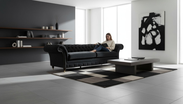 Duża Sofa 4 miejsce do siedzenia Couch Chesterfield Podkładka Ustawić Skórę Włókienniczą Czarny