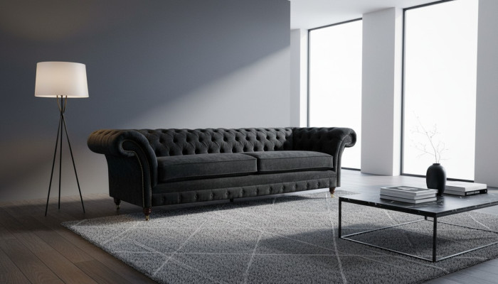 Duża Sofa 4 miejsce do siedzenia Couch Chesterfield Podkładka Ustawić Skórę Włókienniczą Czarny