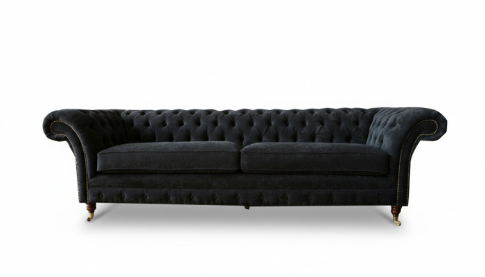 Duża Sofa 4 miejsce do siedzenia Couch Chesterfield Podkładka Ustawić Skórę Włókienniczą Czarny