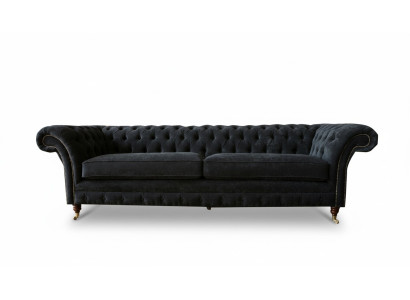 Duża Sofa 4 miejsce do siedzenia Couch Chesterfield Podkładka Ustawić Skórę Włókienniczą Czarny