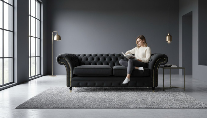 Chesterfield Couch Podkładka Sofas Classic Włókienniczy Czarny Sofa 3 miejsce do siedzenia
