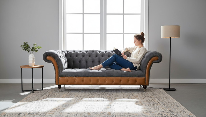 Chesterfield Sofa Couch Podkładka 3 miejsce do siedzenia Szary Włókienniczy Materiał Szary Kanapy