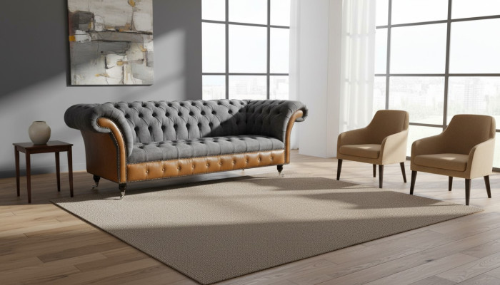 Chesterfield Sofa Couch Podkładka 3 miejsce do siedzenia Szary Włókienniczy Materiał Szary Kanapy