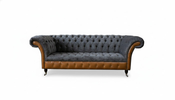 Chesterfield Sofa Couch Podkładka 3 miejsce do siedzenia Szary Włókienniczy Materiał Szary Kanapy