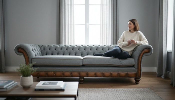 Sofa duża xxl 4 miejsce do siedzenia kanapa Chesterfield Podkładka Ustawić Skóra Włókienniczy Szara