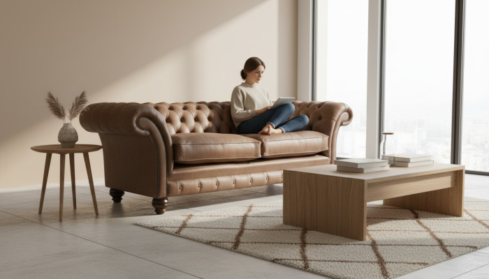 Sofa Design Sofa 3-osobowa Włókienniczy Podkładka Brązowa Sofy Klasyczne Chesterfield Nowość