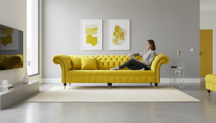 Yellow Sofa 4 miejsce do siedzenia Couch Chesterfield Podkładka Siedziba Ustawić Skóra Włókienniczy Yellow