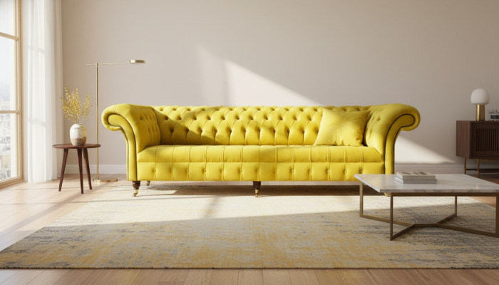 Yellow Sofa 4 miejsce do siedzenia Couch Chesterfield Podkładka Siedziba Ustawić Skóra Włókienniczy Yellow