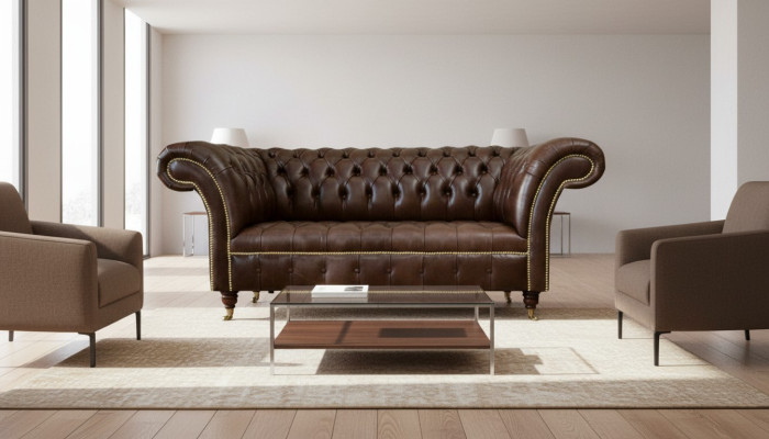 Sofa Chesterfield Aksamit Designerska 2 miejsce do siedzenia Kanapa Włókiennicza Skóra Ustawiona Brązowa Nowa