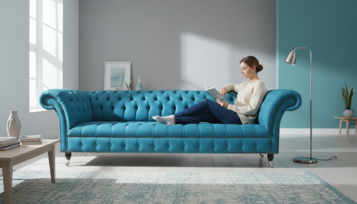 Niebieski, xxl duży sofing, kanapa Chesterfield 265 cm, sofy tapicerowane 4-osobowe, aksamitno-tkaninowe