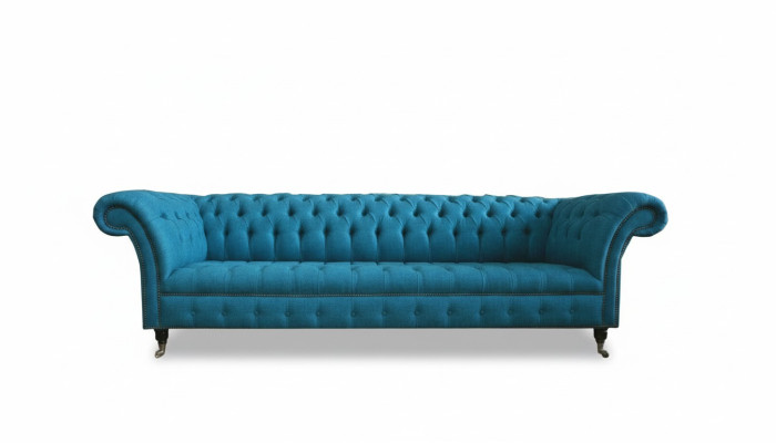 Niebieski, xxl duży sofing, kanapa Chesterfield 265 cm, sofy tapicerowane 4-osobowe, aksamitno-tkaninowe