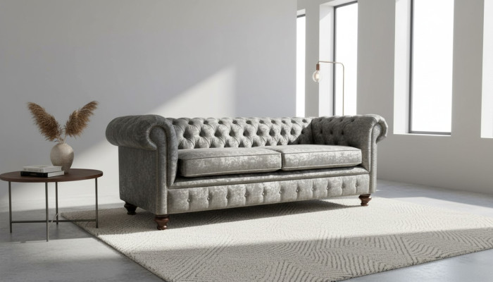 Sofa trzyosobowa 3 Siedziba Couch Chesterfield Podkładka Siedziba Ustawić Aksamit Szary Aksamit