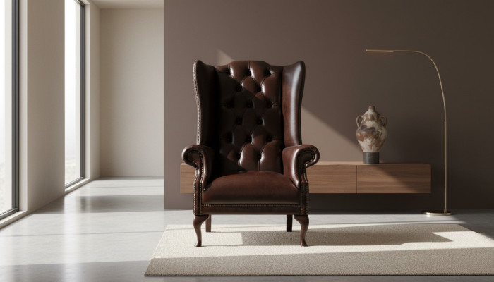 Chesterfield fotel z podłokietnikami, kanapy z tapicerowanymi poduszkami, styl antyczny, fotel krzesło, meble klasyczne.