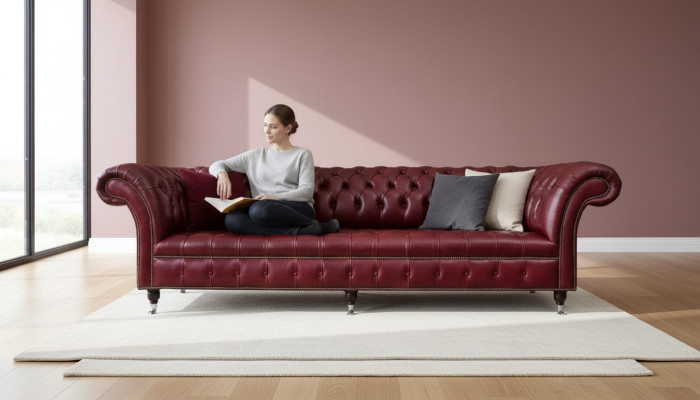 Czerwona Duża Sofa Kanapa Chesterfield 265cm XXL Podkładka Sofy 4-osobowa Skóra Włókienniczy Nowa