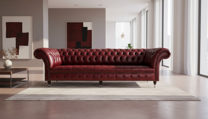 Czerwona Duża Sofa Kanapa Chesterfield 265cm XXL Podkładka Sofy 4-osobowa Skóra Włókienniczy Nowa