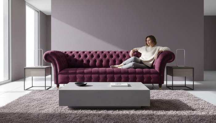 Sofa 3 miejsce do siedzenia Chesterfield Sofy Kanapy Projekt salonu Włókienniczy Materiał Bordaux