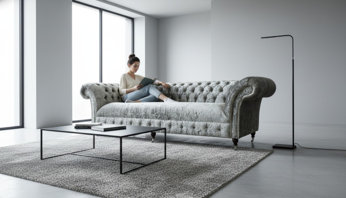 Chesterfield Podkładka Couch Materiał Couchen Sofa Siedziba Ustawić Aksamit Silver 4 Siedziba