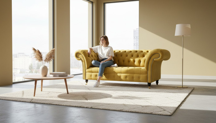 Sofa 2 miejsce do siedzenia Design Sofy Podkładka Nowoczesna Siedziba Materiał Żółta Dwuosobowa Nowa Kanapa