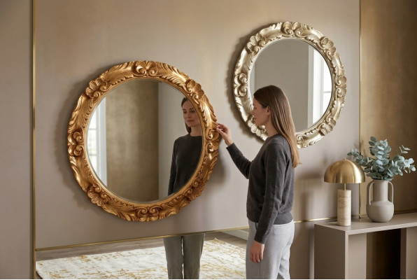 Klasyczna lśniąca ściana drewniana rama Lustro Meble Okrągłe 65cm Szkło Design Okrągłe Nowość