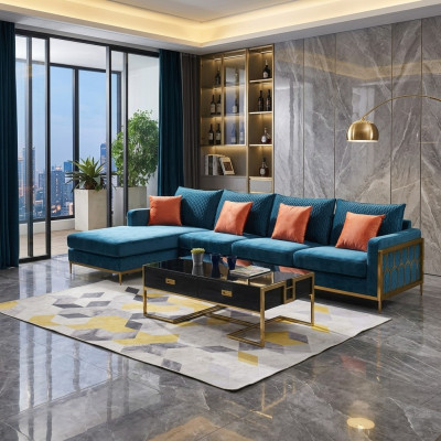 Narożnikowa kanapa w kształcie litery L stolik kawowy Sofa Couch Design Podkładka Luxury Blue Tabela