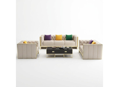 Beżowy Chesterfield Zestaw sofowy 3+2 miejsce do siedzenia tapicerowane sofy Skóra salon Ustawić