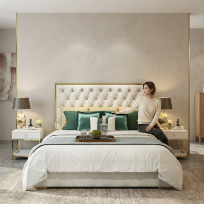 Podwójne łóżko Sypialnia Luxury Hotel Marriage Łóżko 2x Stolik nocny 3szt. Ustaw łóżko