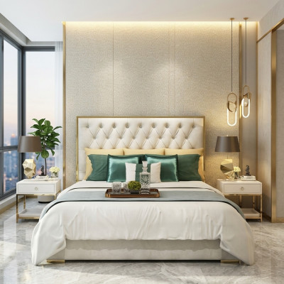Podwójne łóżko Sypialnia Luxury Hotel Marriage Łóżko 2x Stolik nocny 3szt. Ustaw łóżko