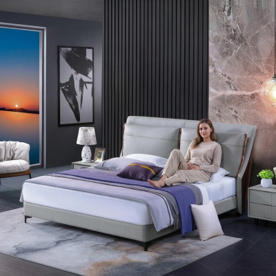 Łóżko drewniane Łóżko Podwójne łóżko luksusowe Meble Sypialnia Hotel 180x200cm łóżko Skóra