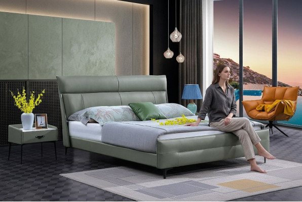 Kompletne łóżko Zielone Skórzane Łóżko Luksusowe Design Sypialnia Meble 180x200