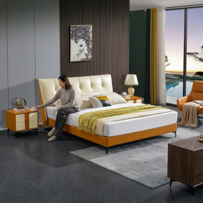Luksusowe skórzane łóżko Łóżko małżeńskie Podkładka Hotel Kompletny zestaw Szafki nocne