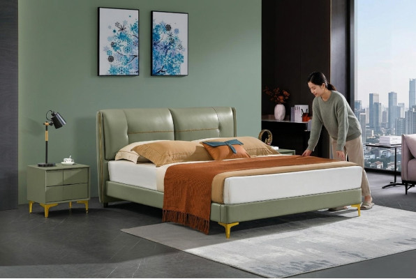 Sypialnia Zestaw Łóżko Stolik nocny Design Modern Luxury łóżko Skóra 3 szt.