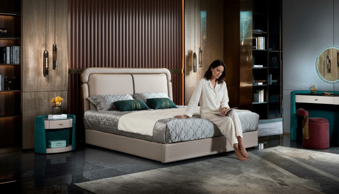 Łóżko Sypialnia Beżowe Podwójne łóżko Skórzane Łóżko Modern Design Meble Drewno