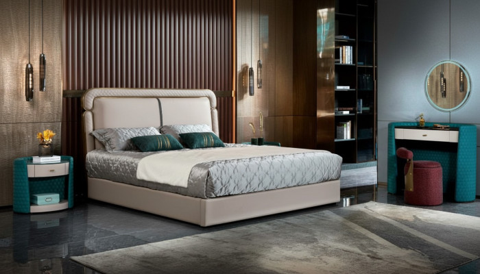 Łóżko Sypialnia Beżowe Podwójne łóżko Skórzane Łóżko Modern Design Meble Drewno