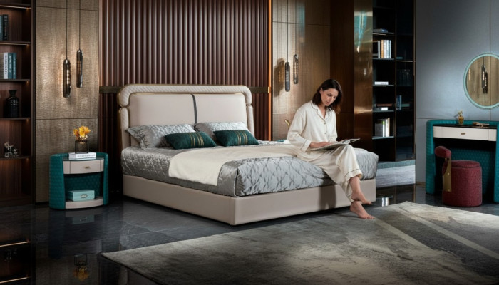 Łóżko 2x Stolik nocny Beż Sypialnia Nowoczesny Design Meble Drewno Luxury