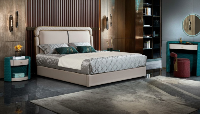 Łóżko 2x Stolik nocny Beż Sypialnia Nowoczesny Design Meble Drewno Luxury